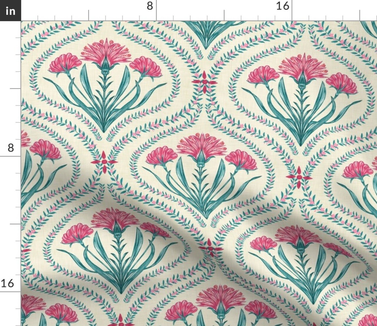 Floral Ogee Indian Chintz Green Pink Xl Large Scale Damask Vibrant Classic Custom Printed Fabric by Spoonflower Various Fabrics by the Yard or Fat Quarter
